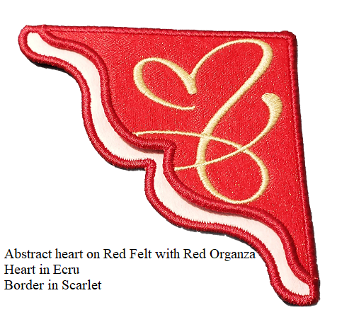 Embroidered Abtrast heart corner bookmark on felt with organza overlay