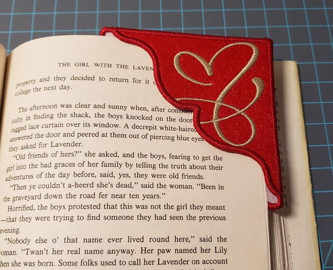 Embroidered Abtrast heart corner bookmark on felt with organza overlay