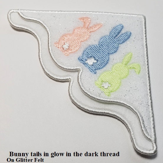 Bunny Tails Corner Bookmark with Glow-in-the-Dark Thread on White Glitter Felt