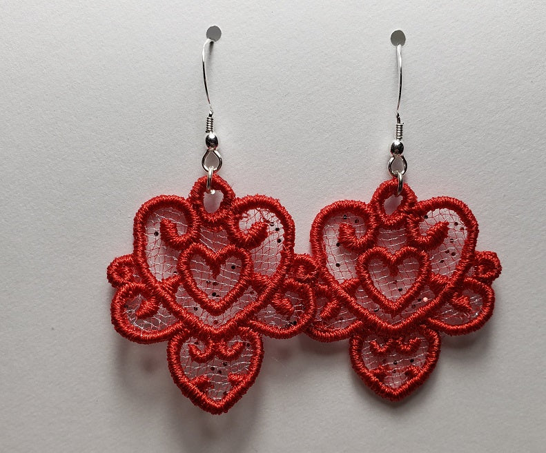 Double Heart Embroidered Earrings #1327 with Silver-plated Stainless Steel ear wires