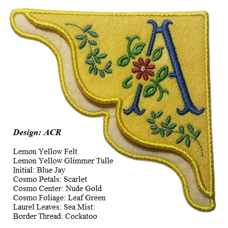 "A" Cosmo Embroidered Monogrammed Corner Bookmark on Lemon Yellow felt with Lemon Glimmer Tulle