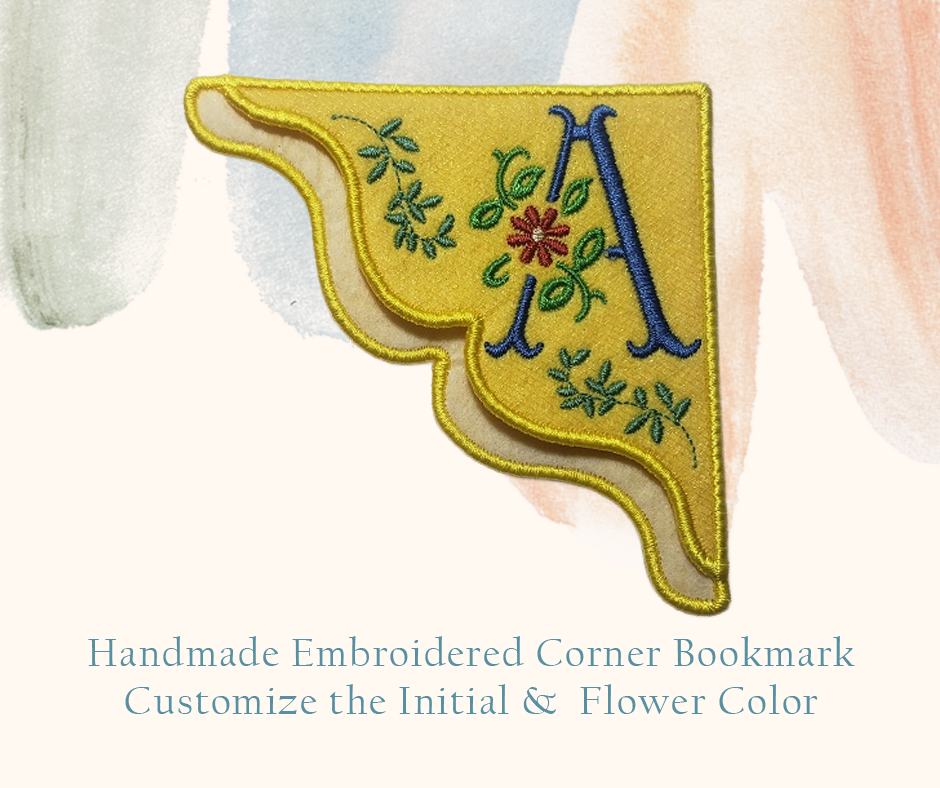 Cosmo Embroidered Monogrammed Corner Bookmark on Lemon Yellow Felt with Lemon Glimmer Tulle