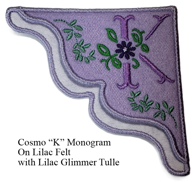 "K" Cosmo Embroidered Monogrammed Corner Bookmark on Lilac felt with Lilac Glimmer Tulle