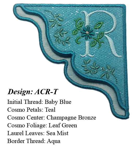 "R" Cosmo Embroidered Monogrammed Corner Bookmark on Lagoon Blue Felt with Silver Glitter Tulle