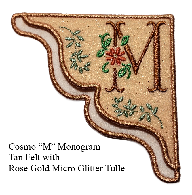 "M" Cosmo Embroidered Monogrammed Corner Bookmark on Tan felt with Rose Gold Micro Glitter Tulle