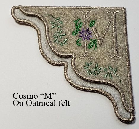 "M" Cosmo Embroidered Monogrammed Corner Bookmark on Oatmeal felt