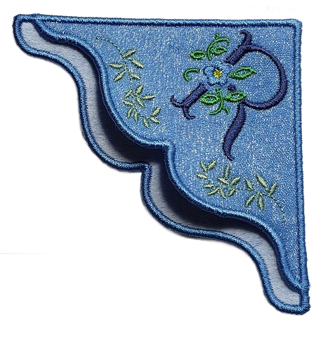 "R" Forget-Me-Not Embroidered Monogrammed Corner Bookmark on Brilliant Blue Felt with Organza Overlay