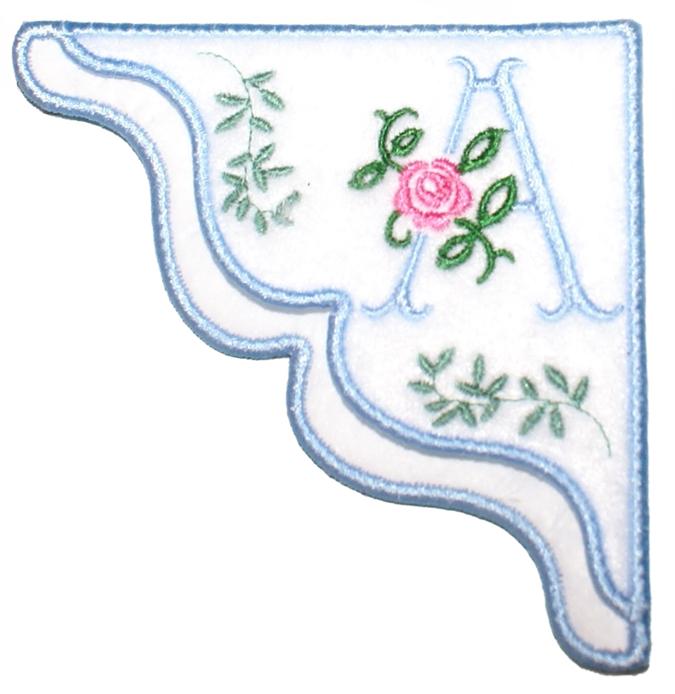 Antique Rose Monogrammed Embroidered Corner Bookmark in Light Blue on White Felt