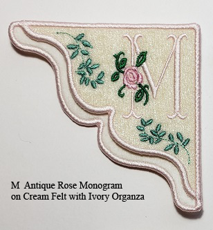 "M" Rose Embroidered Monogrammed Corner Bookmark on Cream Felt with Ivory Organza