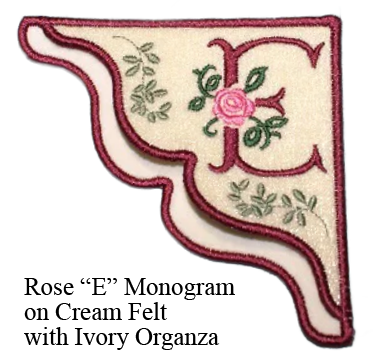 "E" Rose Embroidered Monogram Corner Bookmark on Cream Felt with Ivory Organza Overlay