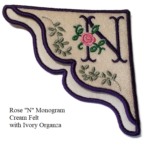 "N" Rose Embroidered Monogram Corner Bookmark on Cream Felt with Ivory Organza Overlay