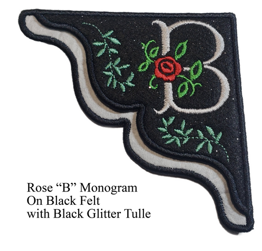 "B" Rose Embroidered Monogram corner bookmark on Black Felt with Black Glitter Tulle Overlay