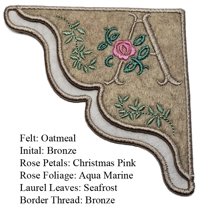 Customizable Corner Bookmark on Felt in Antique Rose Monogrammed Embroidered Design