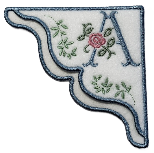 Antique Rose Monogrammed Embroidered Corner Bookmark in Gettysburg Blue on White Felt