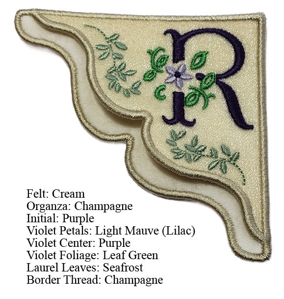 Antique Violet Monogrammed embroidered corner bookmark on felt with Organza