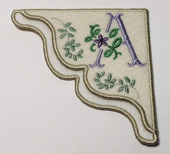 Antique Violet Monogrammed embroidered corner bookmark on felt