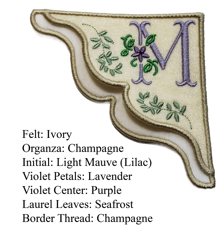 Antique Violet Monogrammed embroidered corner bookmark on felt with Organza