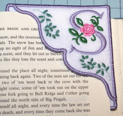 Antique Rose Monogrammed embroidered corner bookmark on felt with Organza