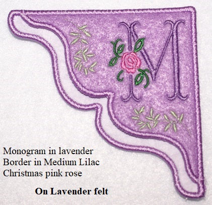 "M" Rose Embroidered Monogrammed Corner Bookmark on Lavender felt