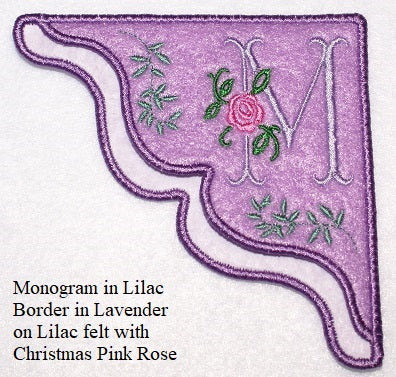 "M" Rose Embroidered Monogrammed Corner Bookmark on Lavender felt