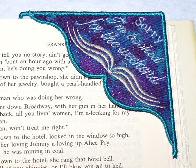 Sorry I'm Booked for the Weekend  Corner Bookmark on Blue Purple Silver Glitter Cotton