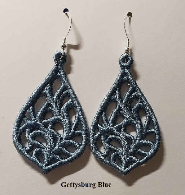 Exquisite "Lace" Embroidered Teardrop Earrings in Gettysburg Blue