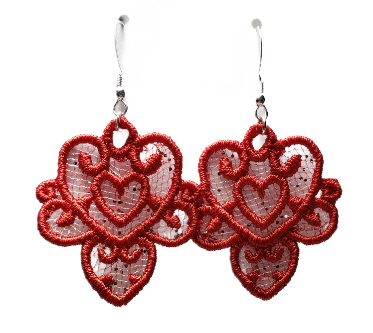 Double Heart Embroidered Earrings #1327 with Sterling Silver ear wires