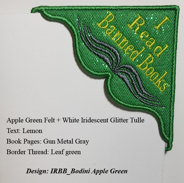 I Read Banned Books Corner Bookmark on Apple Green Felt with Iridescent Glitter Tulle