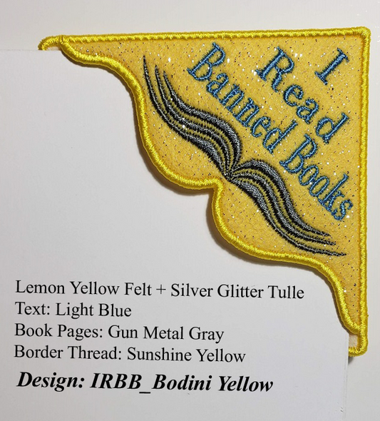 I Read Banned Books Corner Bookmark on Yellow Felt with Silver Glitter Tulle