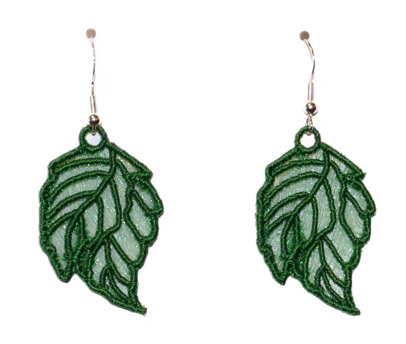 Embroidered Organza Dark Green Leaf earrings with Silver-plated Stainless Steel ear wires