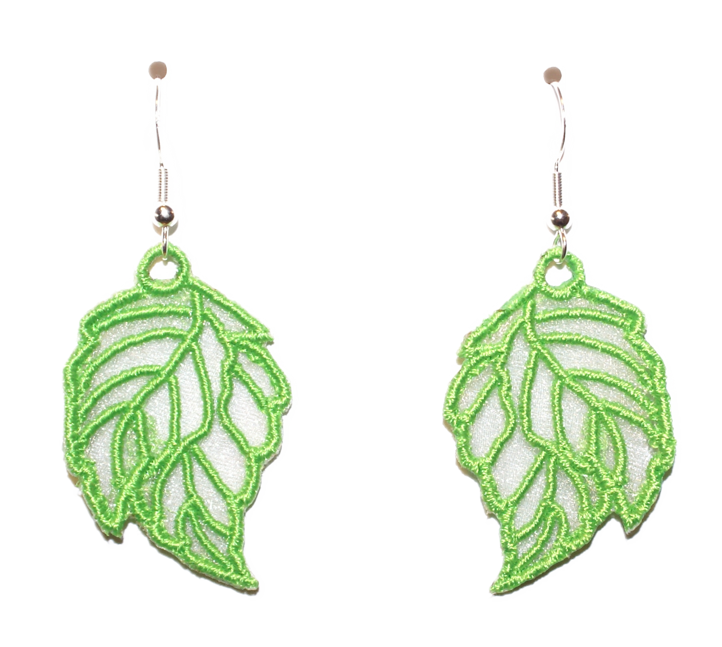 Embroidered Organza Lime Green Leaf earrings with Sterling Silver ear wires