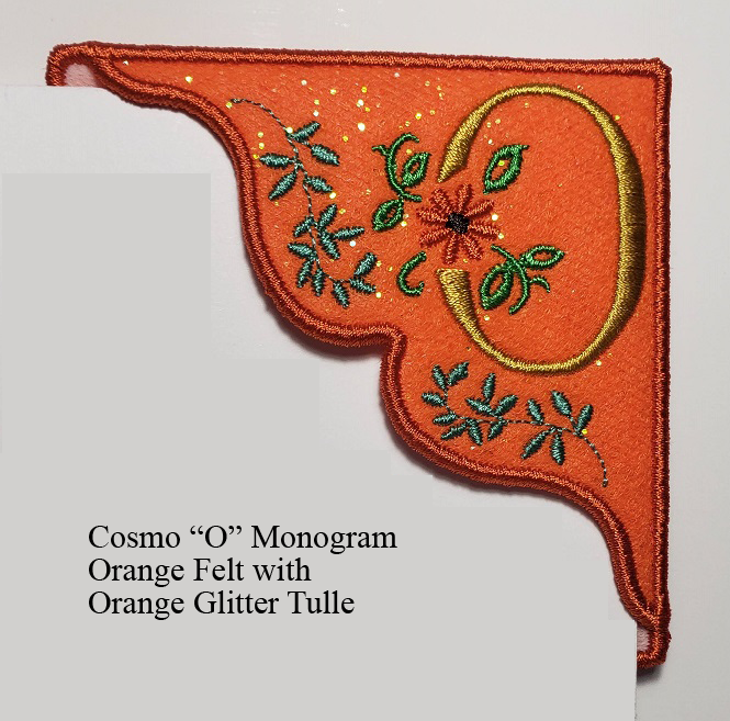 "O" Cosmo Embroidered Monogrammed Corner Bookmark on Orange Felt with Orange Glitter Tulle