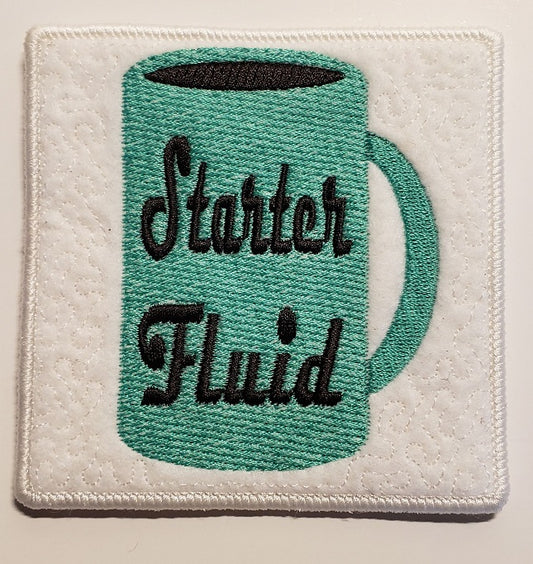 Starter Fluid Embroidered Mug Rug on Felt