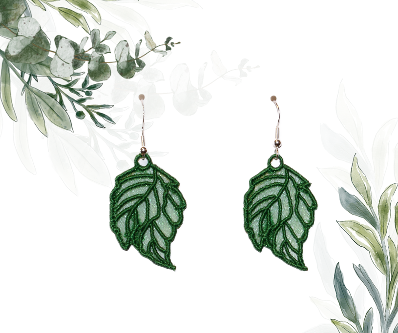 Embroidered Organza Dark Green Leaf earrings with Sterling Silver ear wires