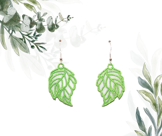 Embroidered Organza Lime Green Leaf earrings with Silver-plated Stainless Steel ear wires